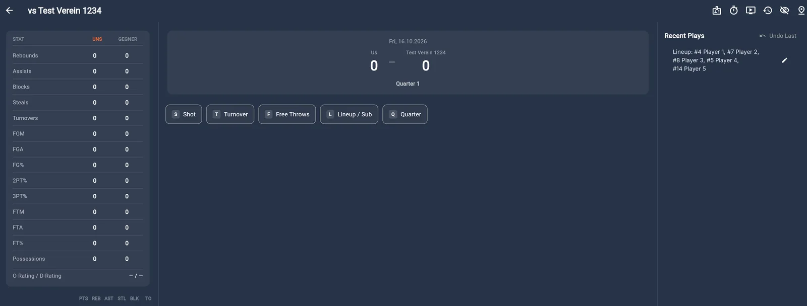 Live-Erfassung eines Spiels mit Schnellaktionen Shot, Turnover, Free Throws, Lineup und Quarter