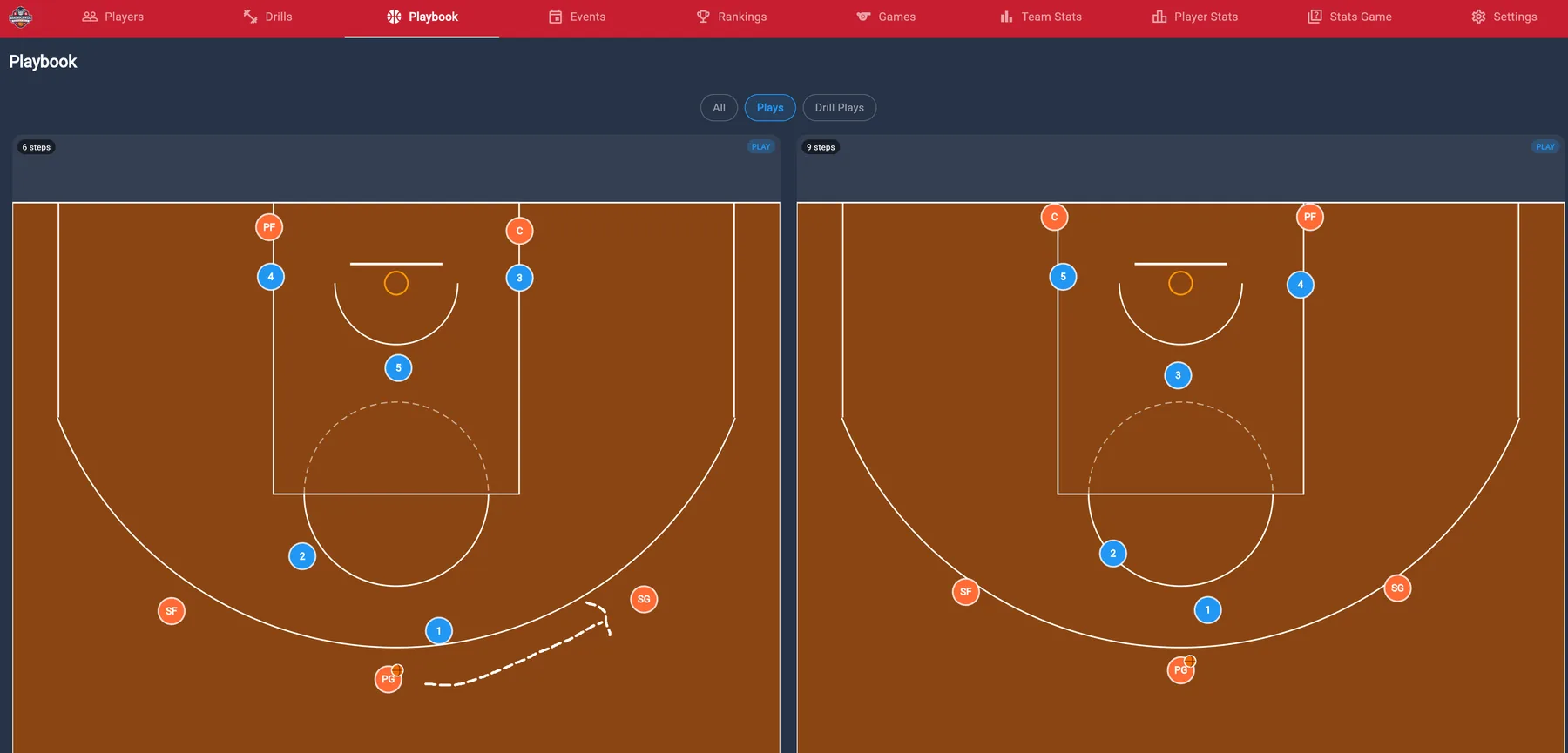 Playbook mit zwei Spielzügen auf dem Halbfeld, Offense und Defense eingezeichnet